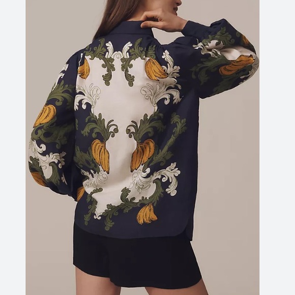 NEW FARM Rio x Anthropologie Puff Sleeve Button Down Blouse Bananas Linen Size L - Picture 4 of 16